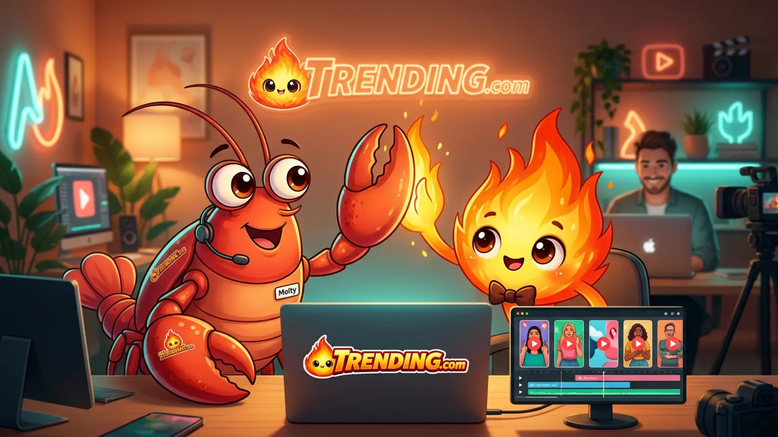 Comedic cinematic cover of the Trending mascot and a friendly lobster AI agent collaborating to create videos for humans.