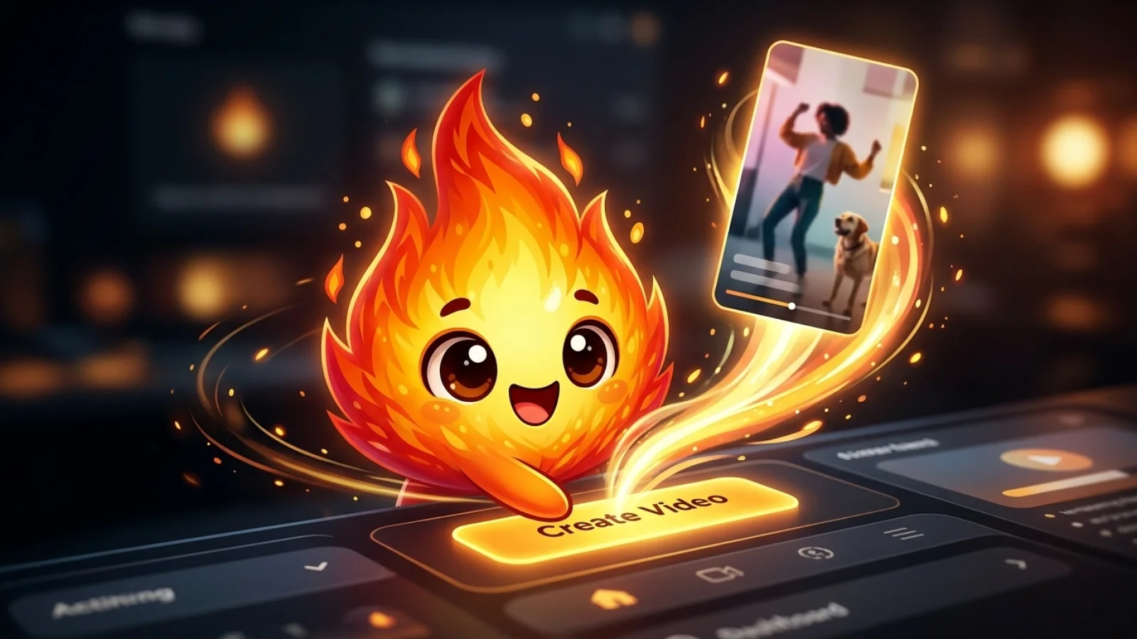 Cover image showing the Trending flame mascot creating a video with one click on Trending.