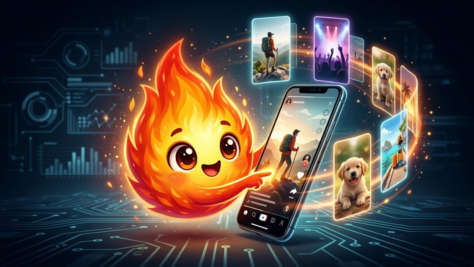 Cover image showing the Trending flame mascot helping create Story videos in a mobile app.