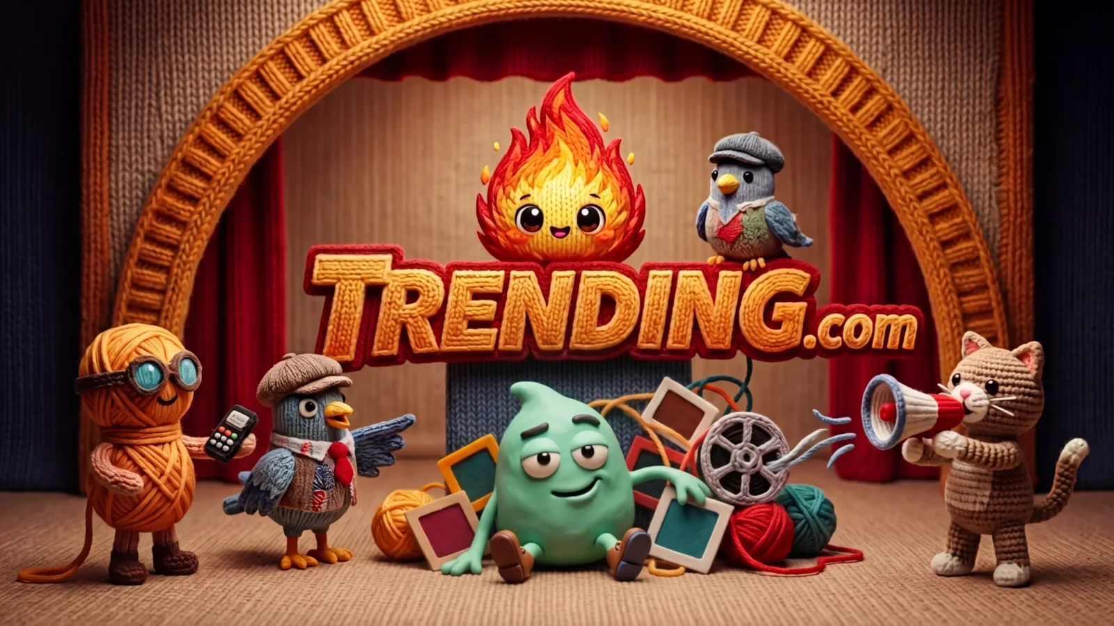 Handcrafted sitcom-style cover image with a centered Trending logo, funny knitted characters, one Trending mascot, and a different cute clay side character in a comedic video creation scene.